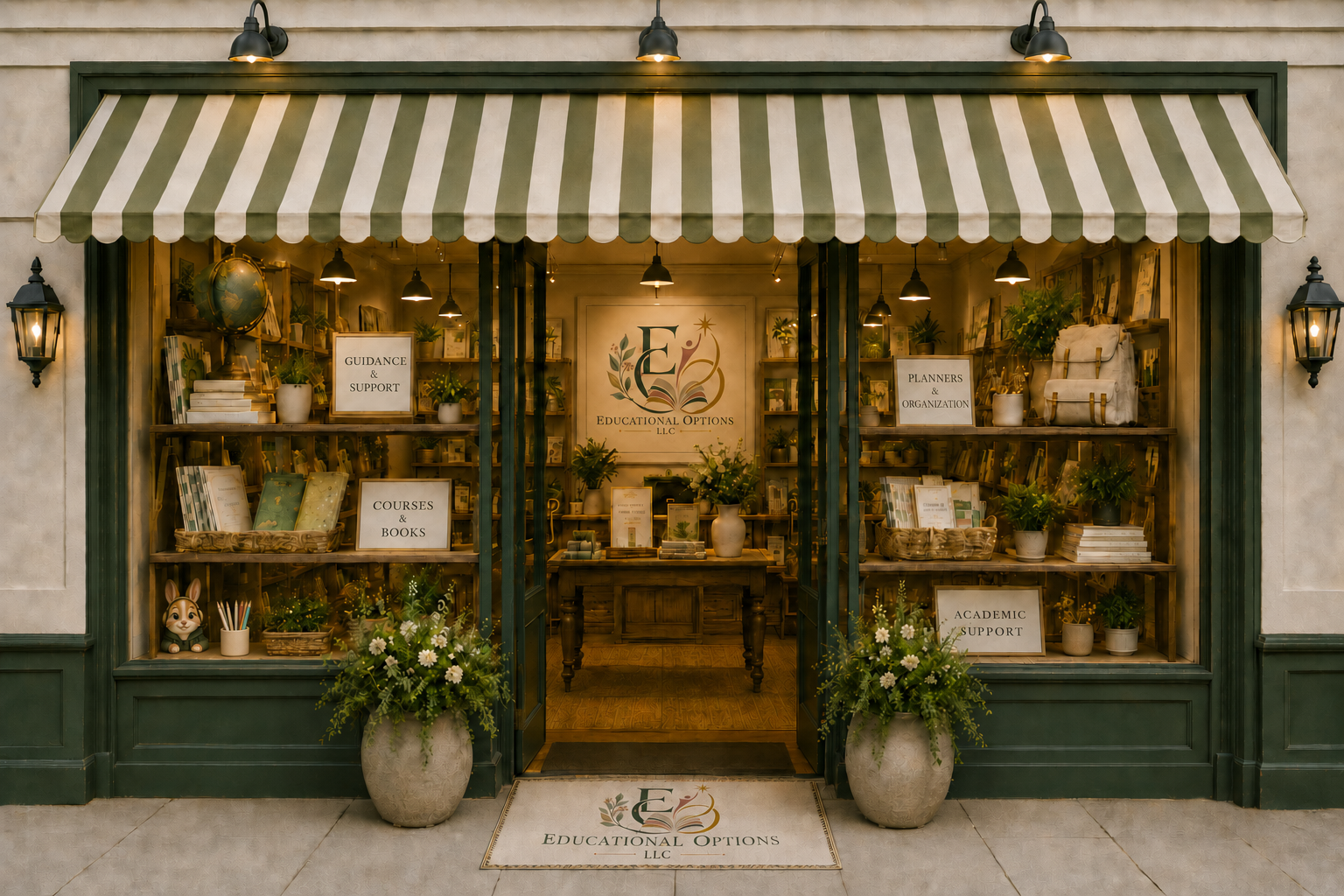 Educational Options LLC storefront illustration for the Educational Loft – guidance & support, courses & books, planners & organization, academic support